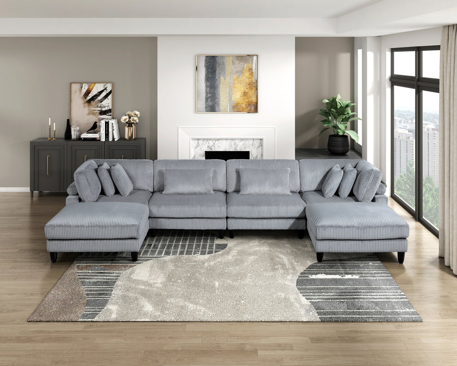 6pc Modular Sectional Set Gray Corduroy Upholstery 2x Armless Chairs 2x Corner Seats 2x Ottomans Pillows Living Room Furniture - primary color shot