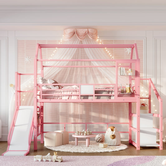 Twin House Loft Bed with Slide and Stairs - Pink - detail view 2