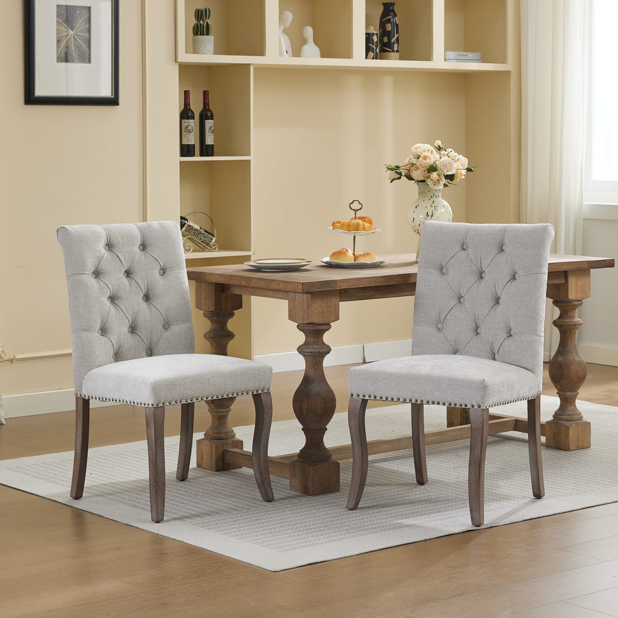 Beige Chenille Tufted Dining Chairs with Wood Legs (Set of 2)