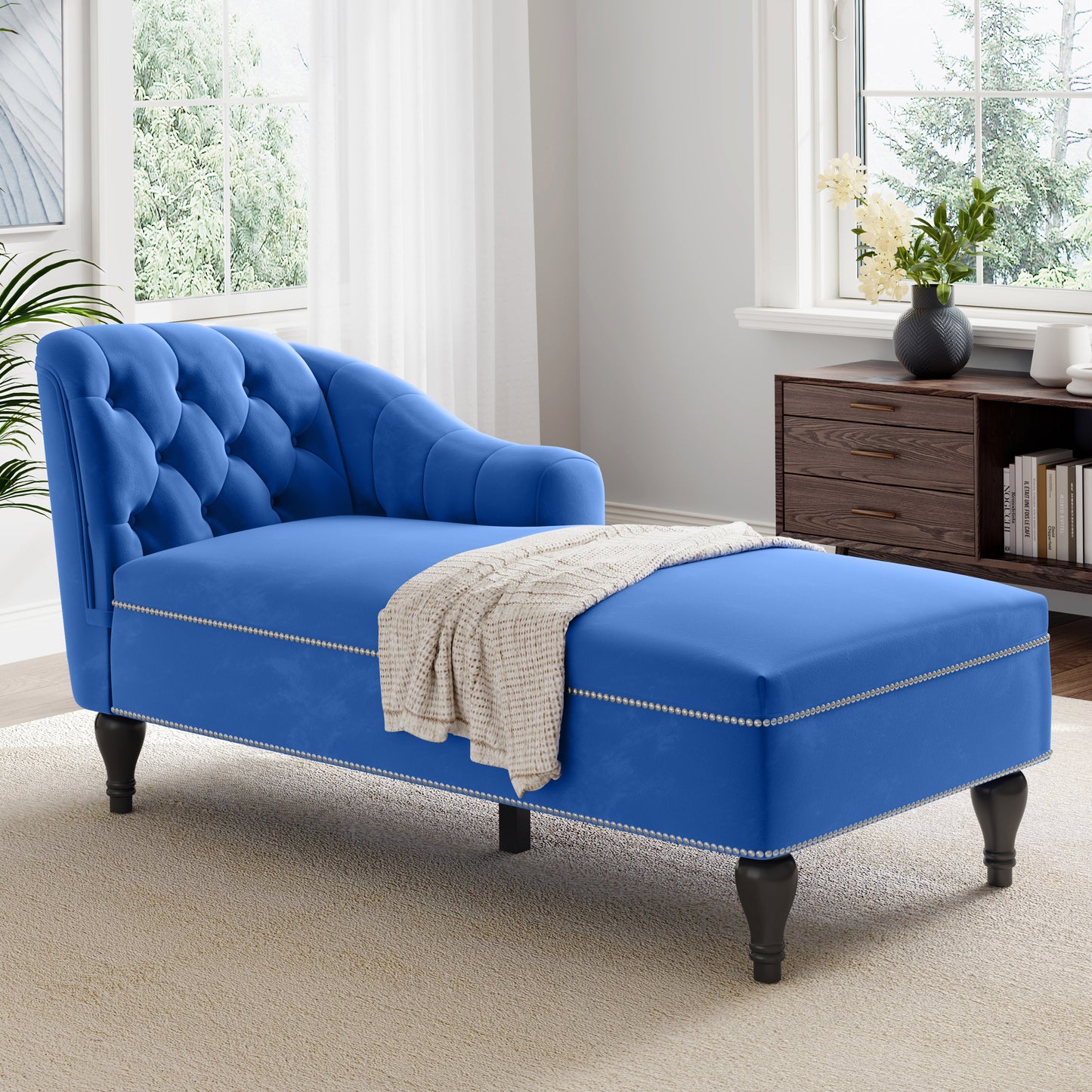 58" Velvet Chaise Lounge - Blue - primary color shot