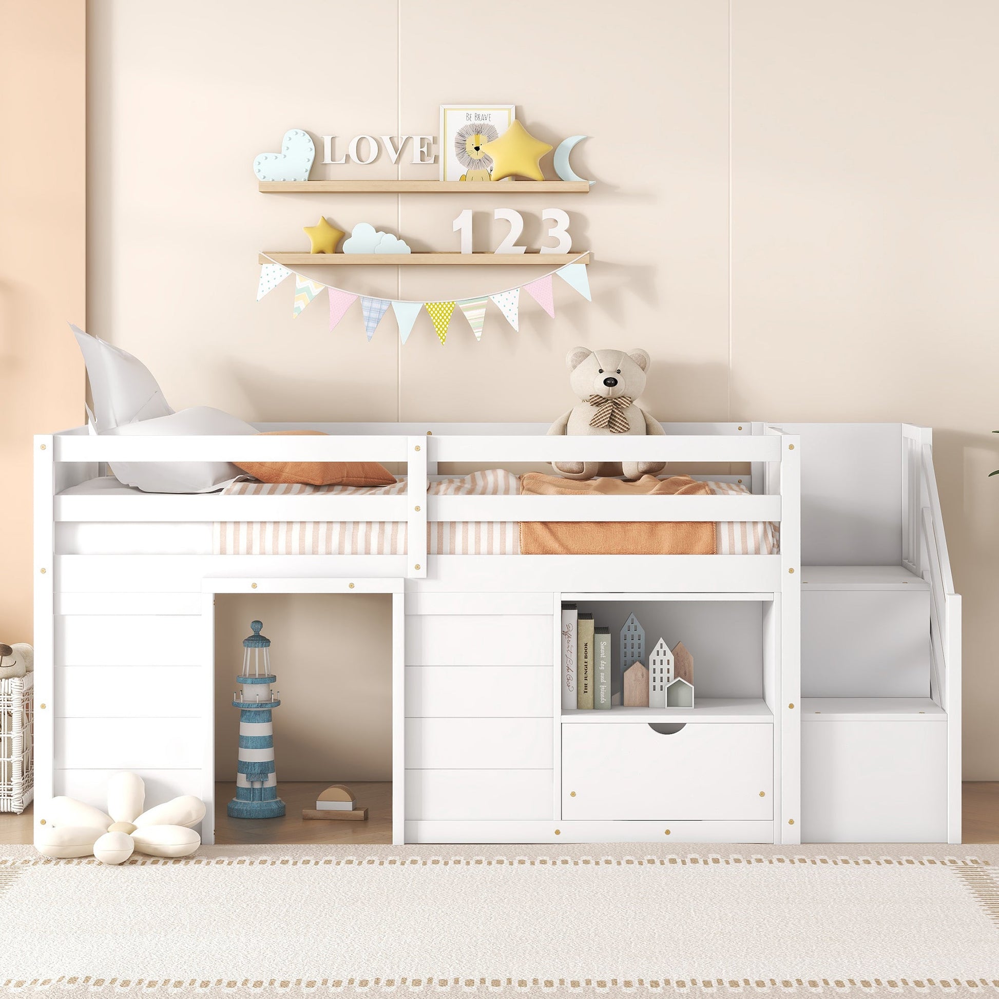 Gracen Twin Size Loft Bed with Stairway Chest & Drawers, White