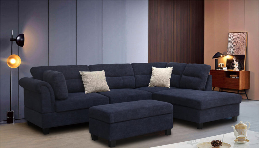 Diego 100'W Black Fabric Sectional Sofa with Right Facing Chaise, Storage Ottoman, and 2 Accent Pillows - primary color shot