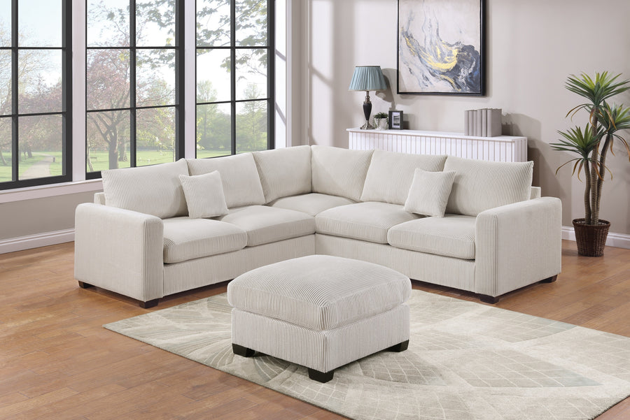 L-Sectional Sofa Corduroy Ivory Color LAF And RAF Loveseats Corner Wedge Ottoman 4pcs Sectional Set Couch Living Room Furniture - primary color shot