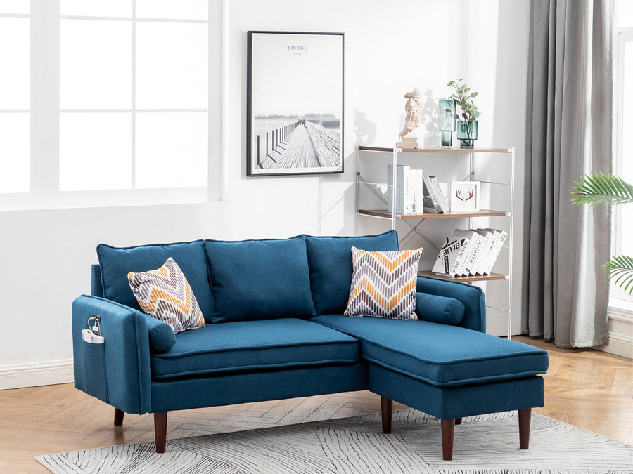 Mia 70' Blue Sectional Sofa Chaise with USB Charger & Pillows - detail view 2