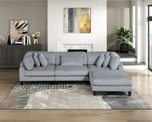 Living Room Furniture 4-Piece Modular Sectional Sofa Set Gray Corduroy Soft Cushion Pillows Solid Wood Legs - primary color shot