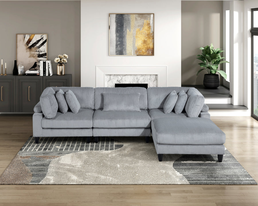 Living Room Furniture 4-Piece Modular Sectional Sofa Set Gray Corduroy Soft Cushion Pillows Solid Wood Legs - primary color shot
