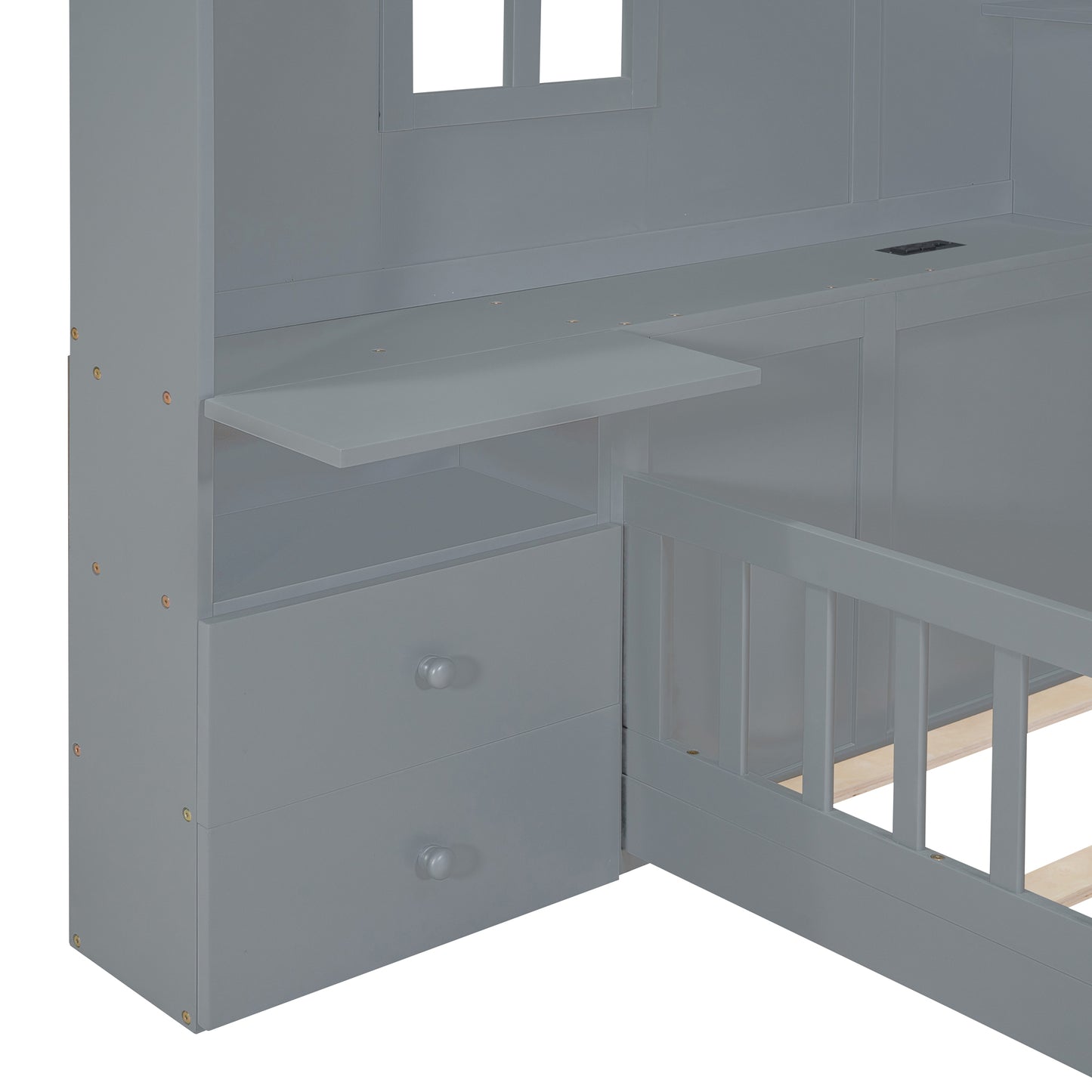 Marigold Full Size House Bed with Window & Bedside Drawers, Gray