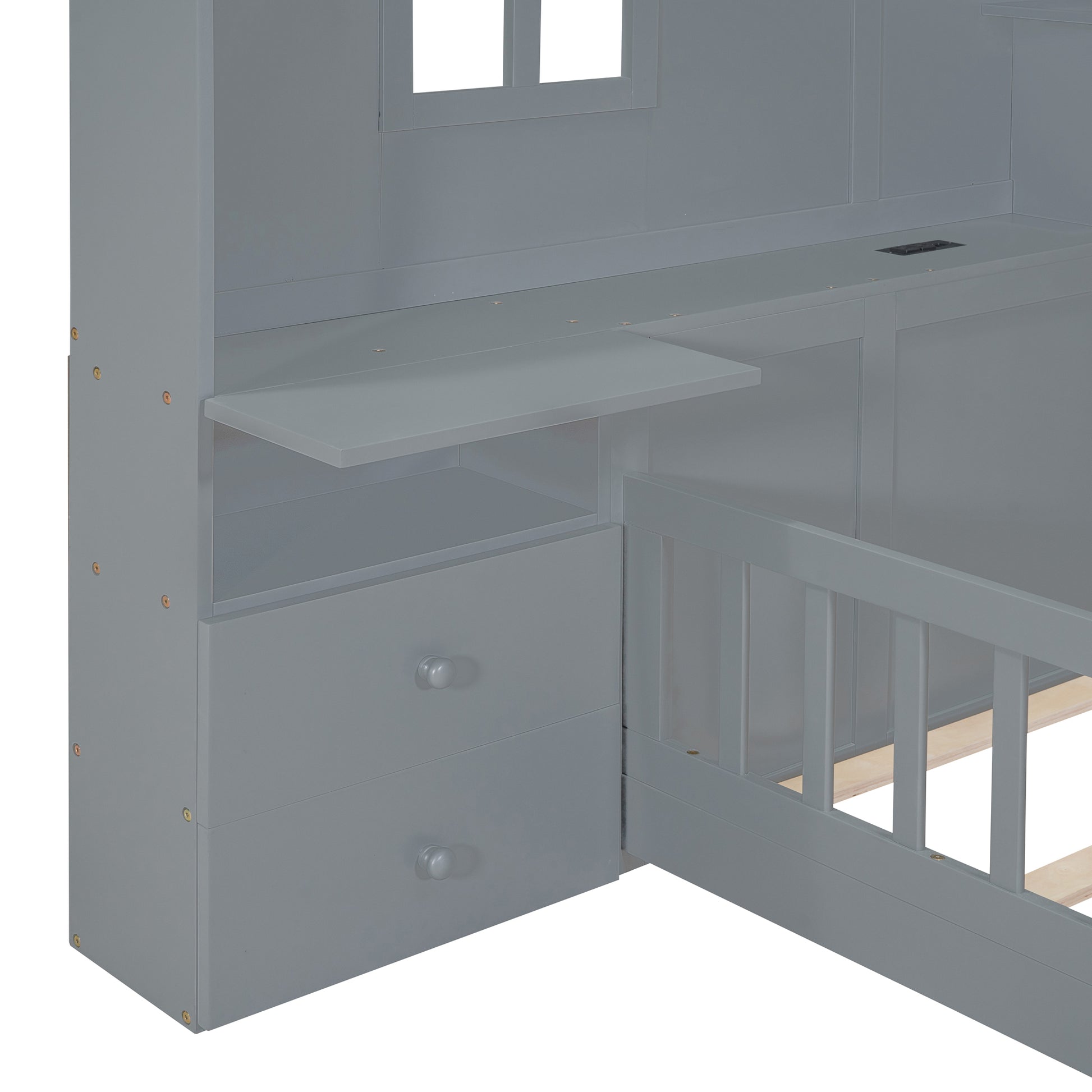 Marigold Full Size House Bed with Window & Bedside Drawers, Gray