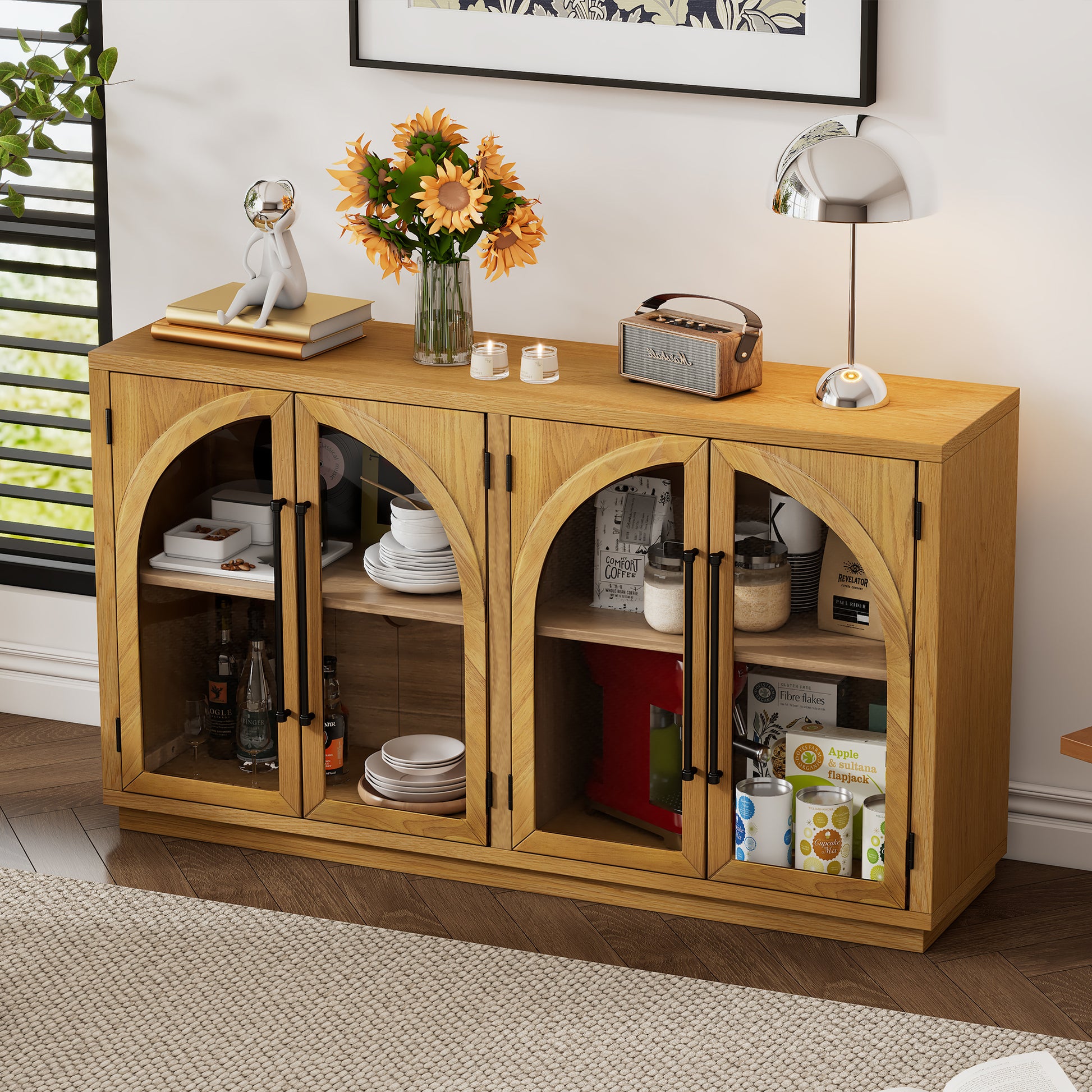 TREXM 4-Door Large Storage Sideboard Buffet Cabinet with Glass Doors - Natural - detail view 3