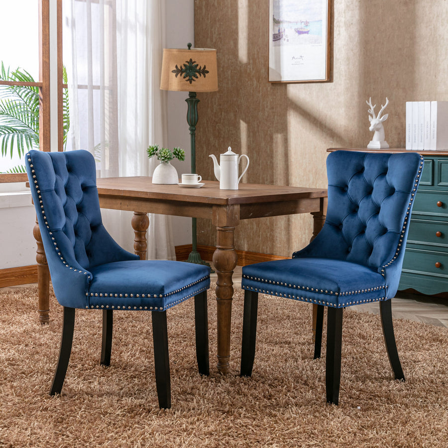 Blue Velvet Tufted Nailhead Trim Dining Chairs with Wood Legs (Set of 2)