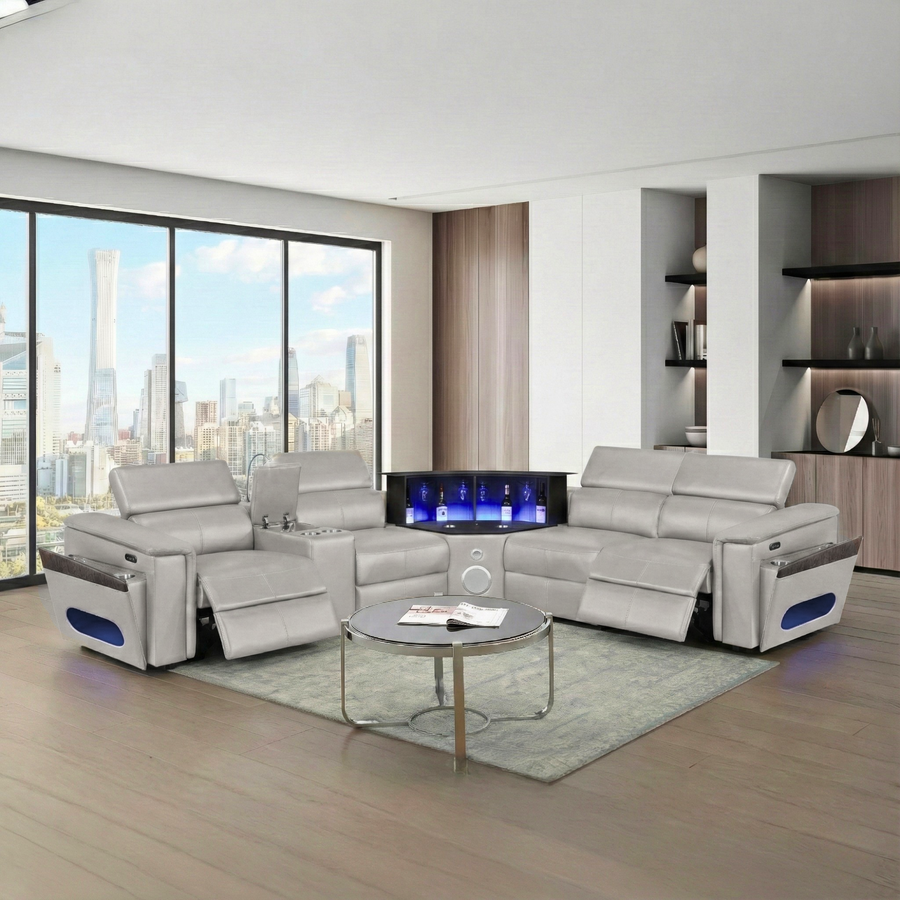 Nova Modern Style Sectional with 1 Console (Reading Light), Wedge with Bluetooth speaker, LED and Lifting wine cabinet - Gray - primary color shot