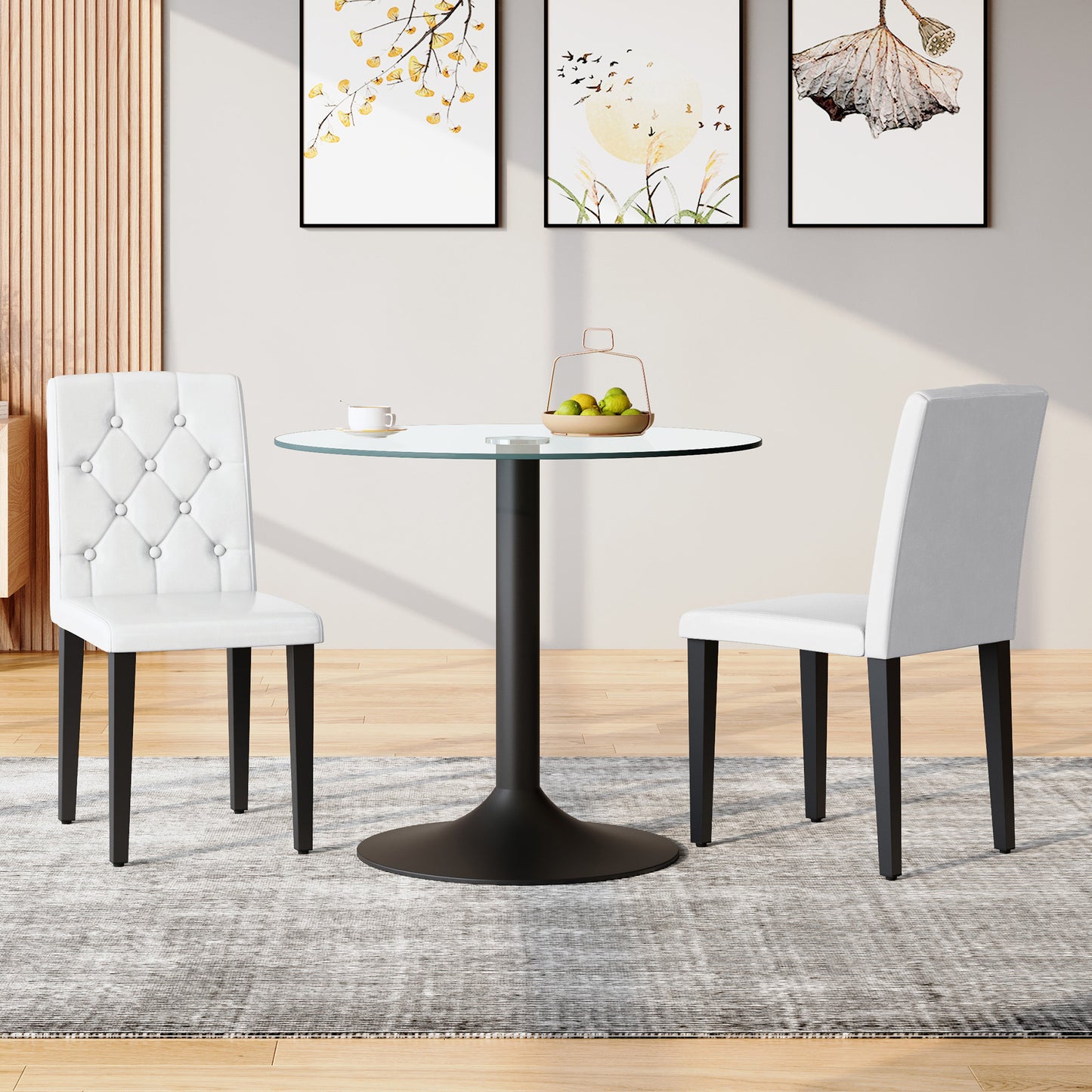 White Upholstered Fabric Dining Chairs with Black Legs (set of 2) - detail view 2