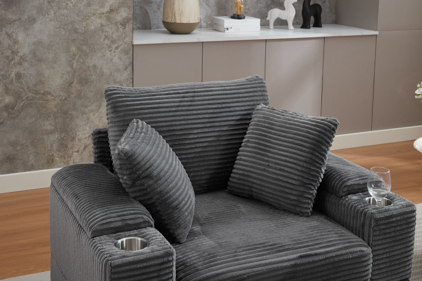 [video/new]corduroy Upholstered Chaise Lounge Sofa with Handrail Storage - Grey - detail view 7