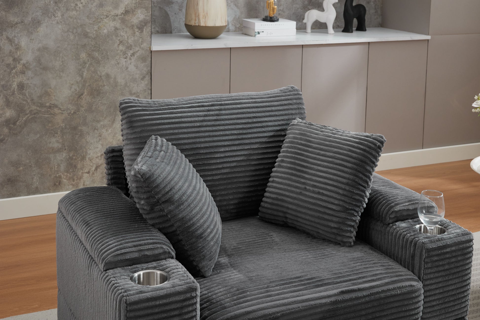 [video/new]corduroy Upholstered Chaise Lounge Sofa with Handrail Storage - Grey - detail view 7