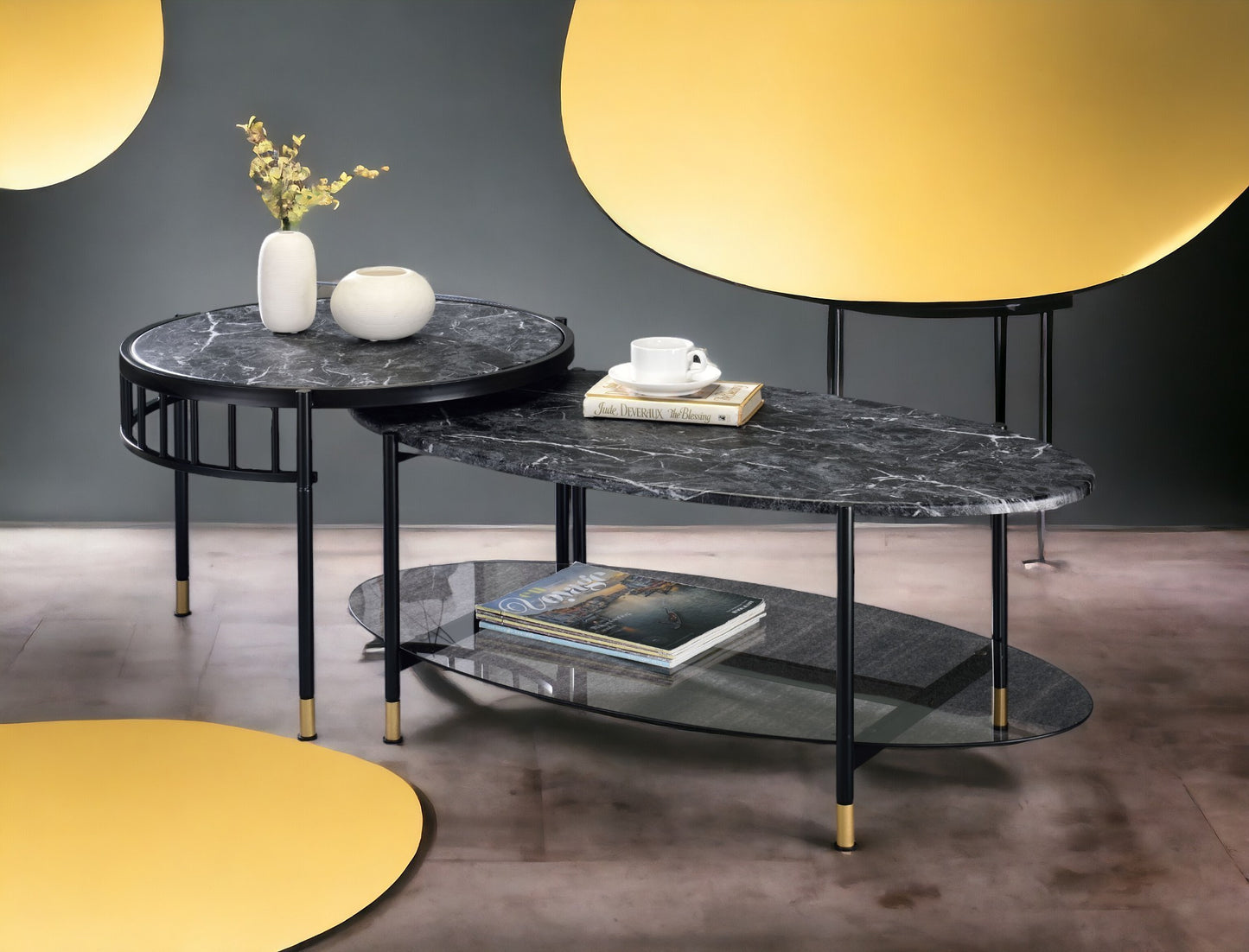 Silas Engineered Stone Top & Black Finish Nesting Table