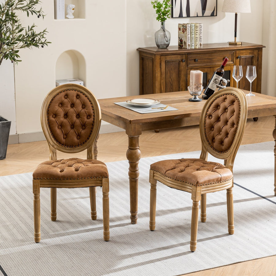 Orange PU Leather Nailhead Trim Dining Chairs with Wood Legs (Set of 2)