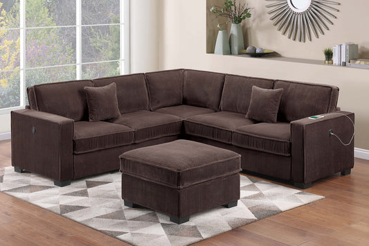 Modern Style 4pc Sectional Set Right Arm And Left Arm Loveseat USB Port Plastic Legs Cocktail Ottoman Matching Two Pillows Chocolate Finish - primary color shot