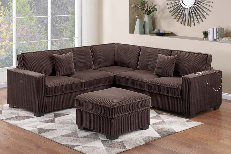 Modern Style 4pc Sectional Set Right Arm And Left Arm Loveseat USB Port Plastic Legs Cocktail Ottoman Matching Two Pillows Chocolate Finish - primary color shot