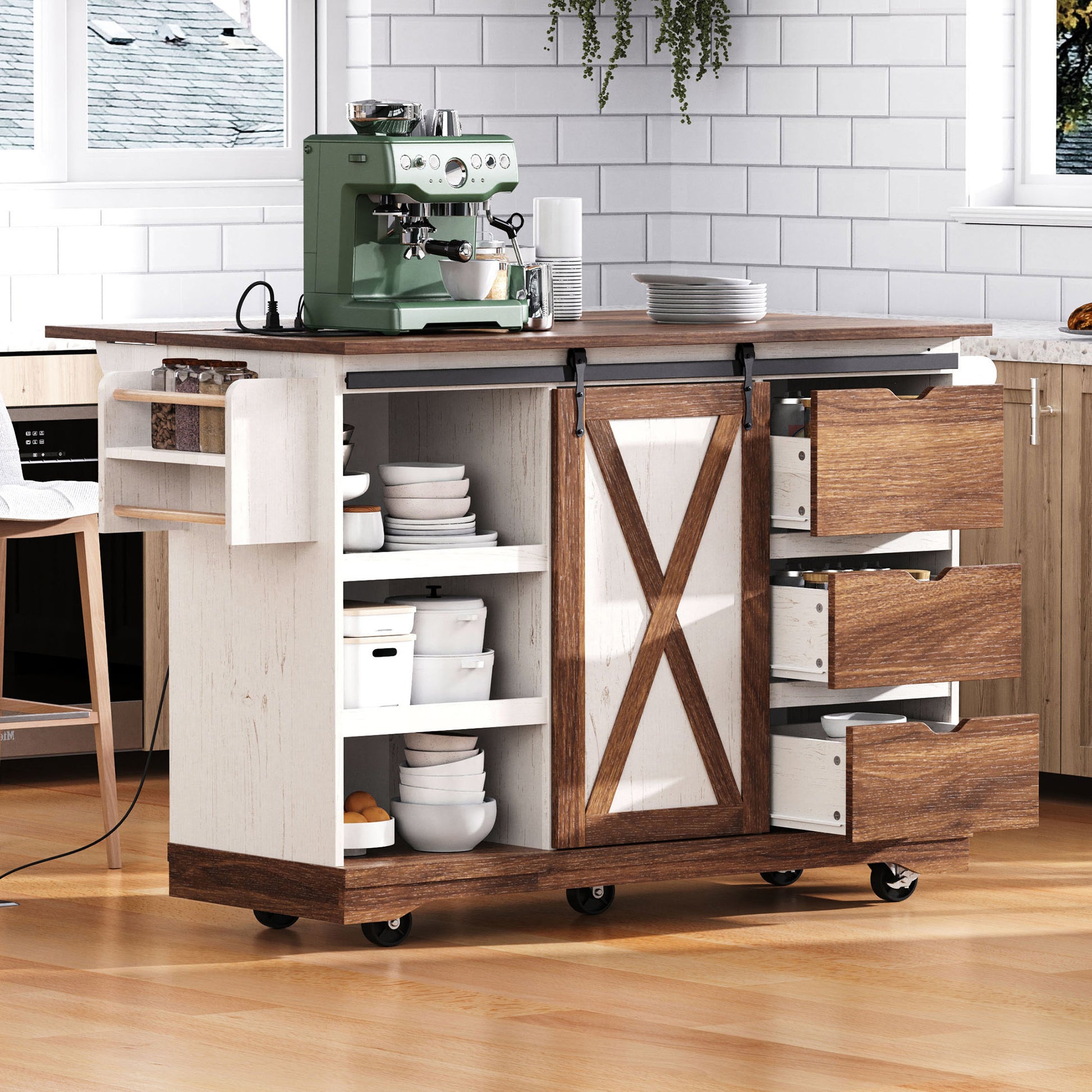 K&k 55.5' Farmhouse Kitchen Island with Drop Leaf - White - detail view 2