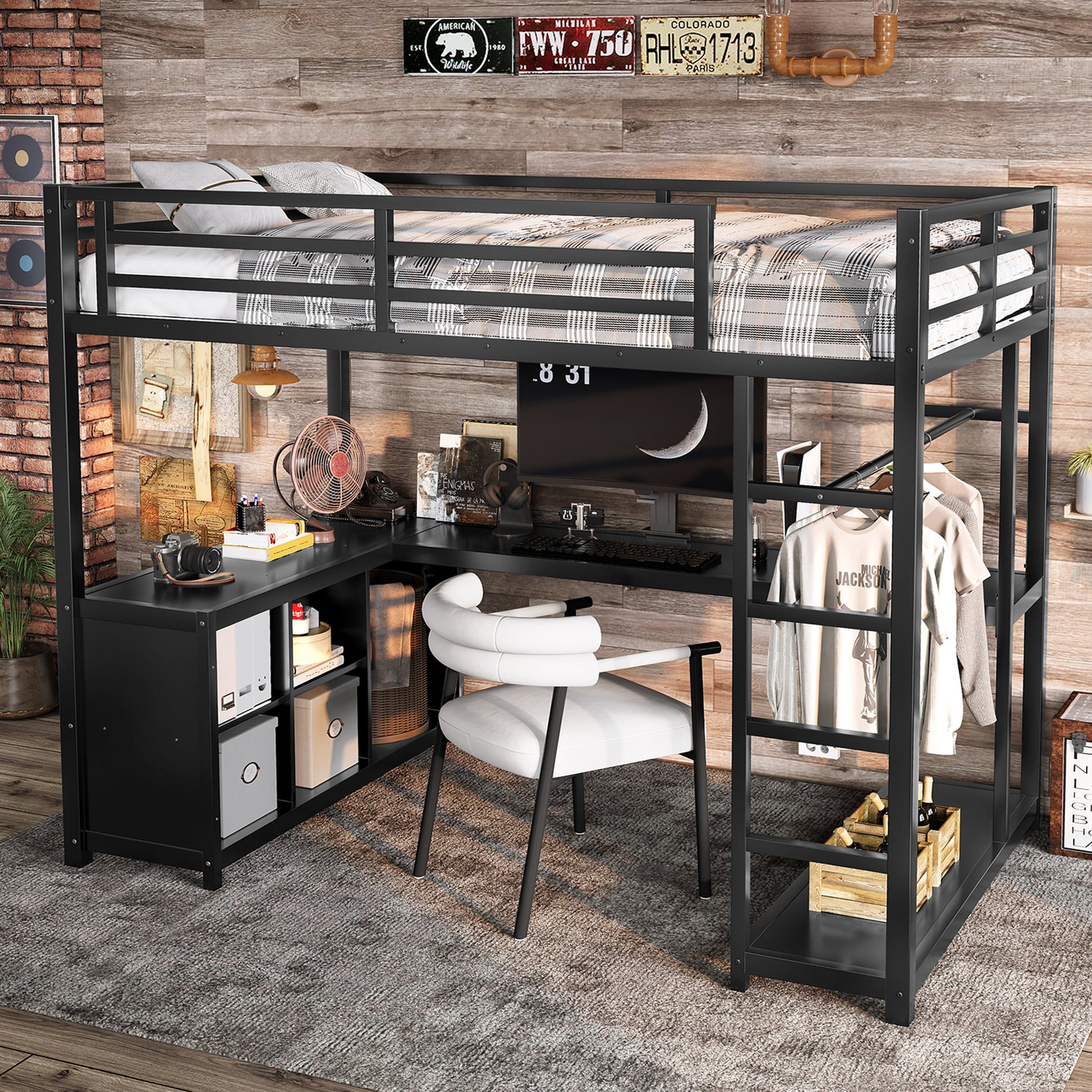 Metal Loft Bed with Wardrobe and L-Shaped Desk - Black - detail view 3