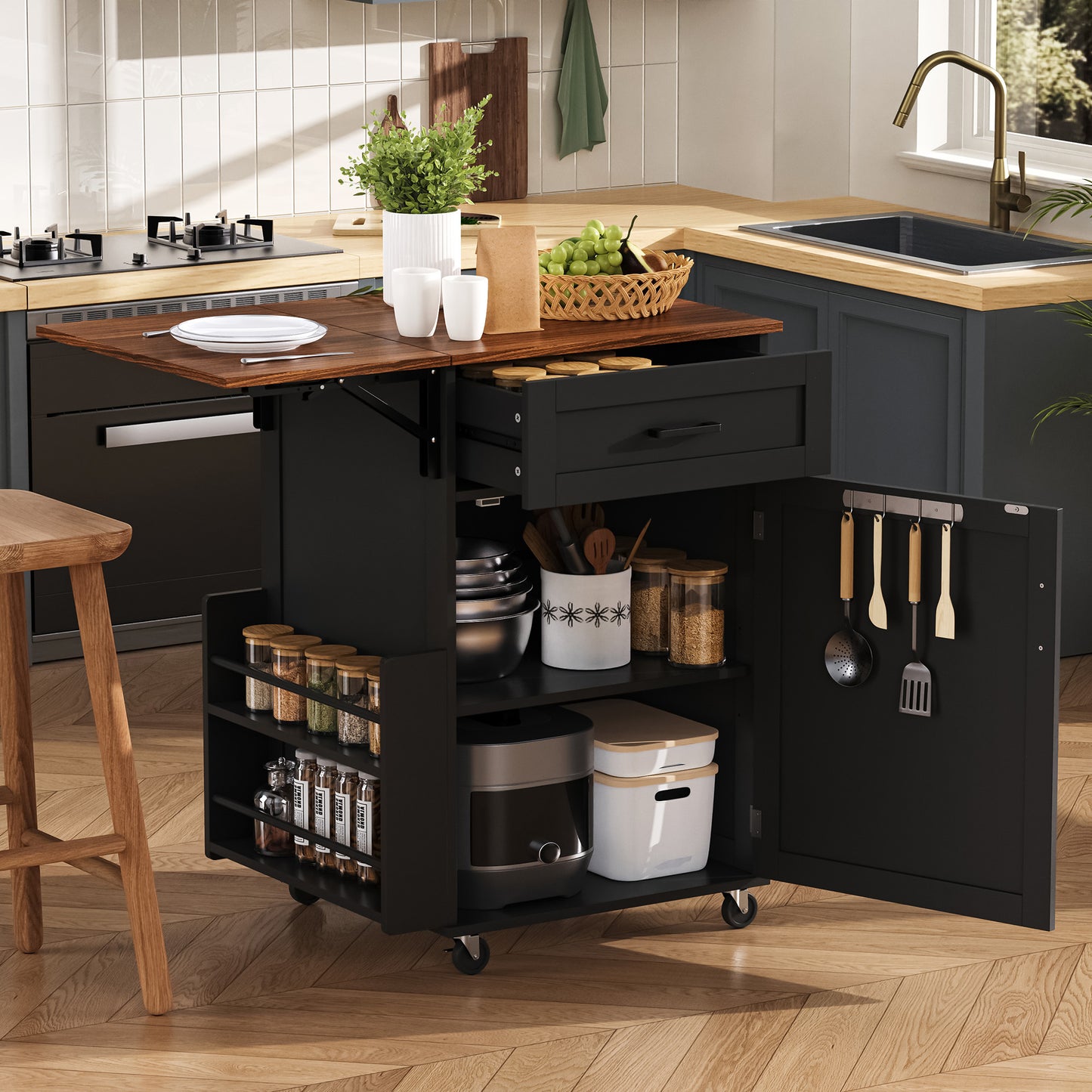 K&k 39.3' Farmhouse Kitchen Island with Drop Leaf - Black - primary color shot