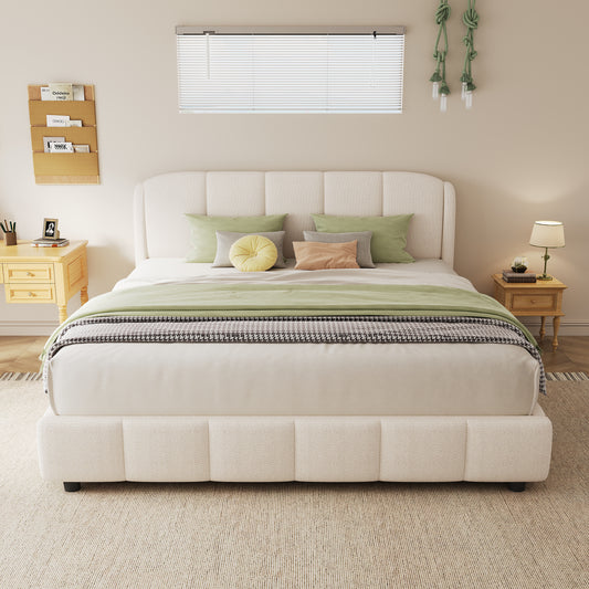 Alora Beige Boucle Upholstered Platform Bed with Rounded Headboard – Queen
