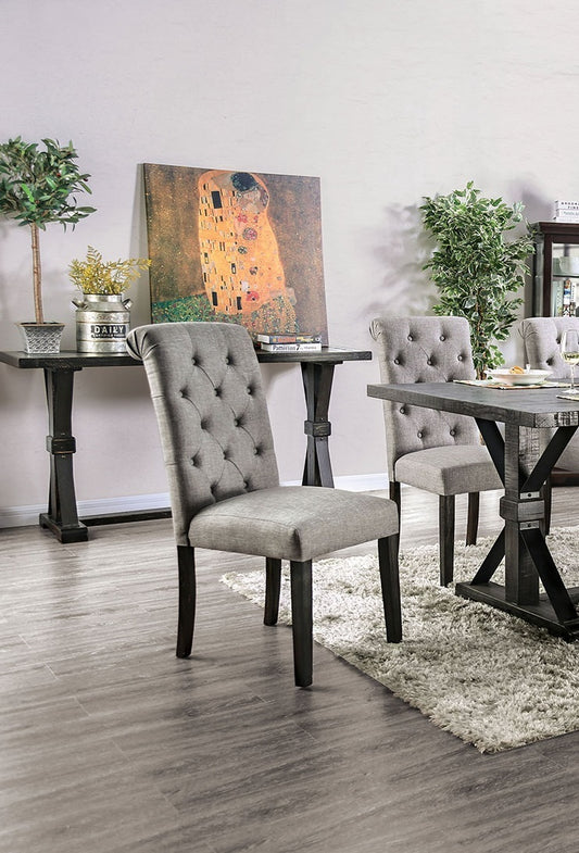 Madeline Button Tufted Linen Side Chairs with Antique Black Legs, Gray