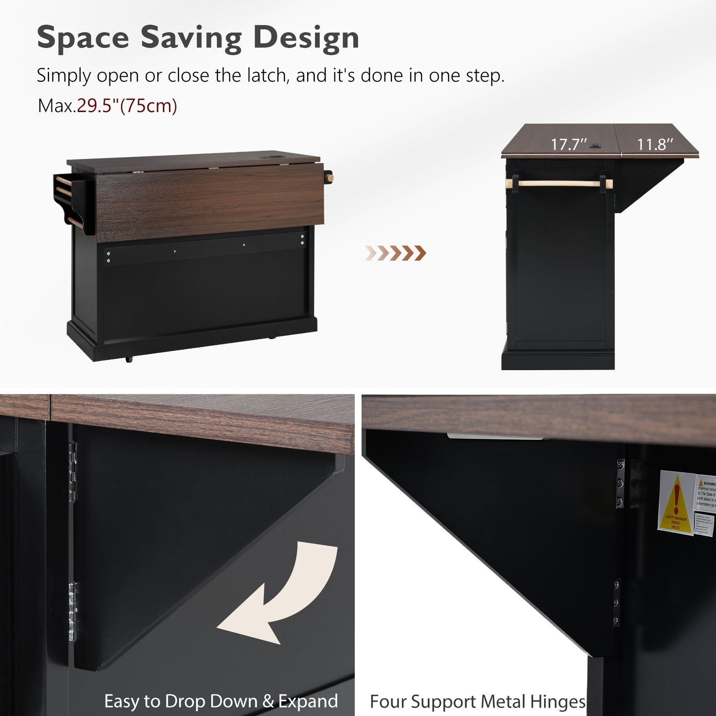 K&k 54.9' Kitchen Island with Drop Leaf - Black - detail view 8