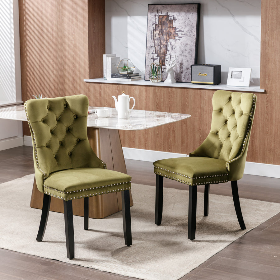 Olive Green Velvet Tufted Nailhead Trim Dining Chairs with Wood Legs (Set of 2)