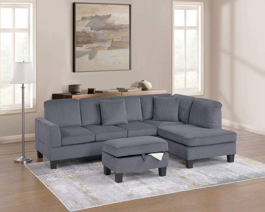 3pc Sectional Set RAF Chaise LAF Sofa Storage Ottoman Dark Gray Color Corduroy Couch Pillows Modern Living Room - primary color shot