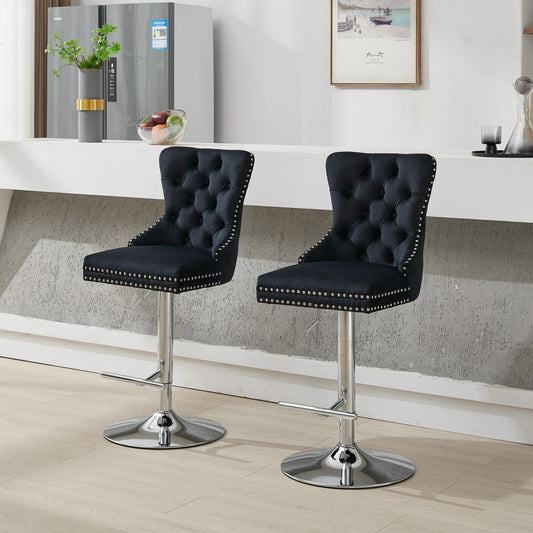 Black Velvet Tufted Bar Stool with Silver Legs (Set of 2)