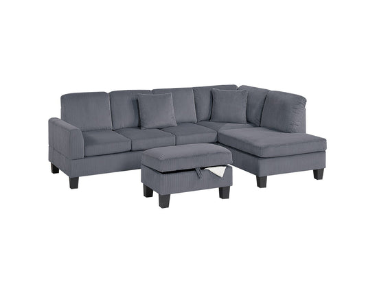 3pc Sectional Set RAF Chaise LAF Sofa Storage Ottoman Dark Gray Color Corduroy Couch Pillows Modern Living Room - detail view 2