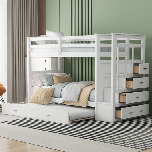 Twin over Twin Bunk Bed with Trundle and Staircase - White - primary color shot