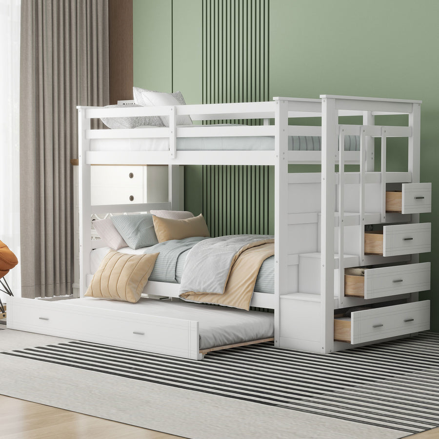 Twin over Twin Bunk Bed with Trundle and Staircase - White - primary color shot