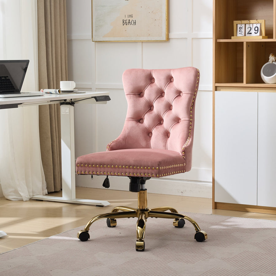 Pink Velvet Tufted Nailhead Trim Office Chair with Gold Legs