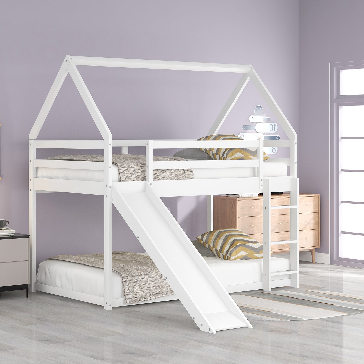 Sarah Twin Size Bunk House Bed with Slide and Ladder,White