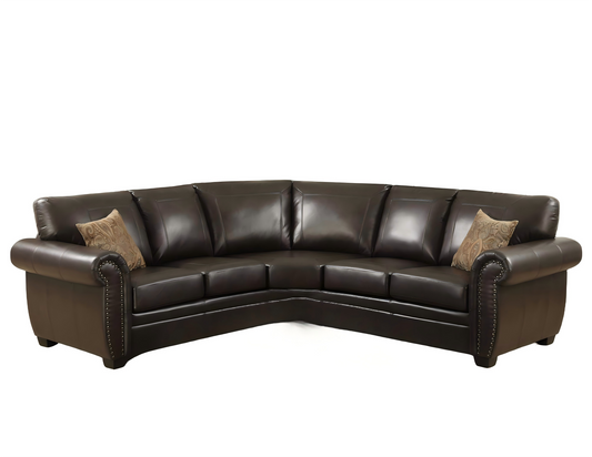 Sectional Leather Sofa with Antique Brass Nail Head Trim, Wooden Frame, High-Density Foam, Ideal for Family Gatherings - detail view 2