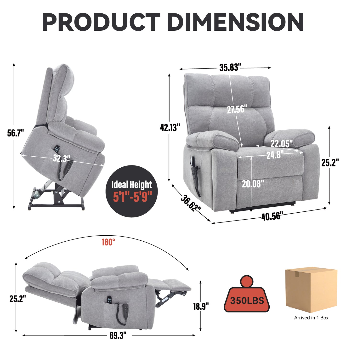 Grey Heat Massage Dual Motor Infinite Position Up to 350 LBS Large Electric Power Lift Recliners with Hidden Cup Holders - Gray - detail view 3