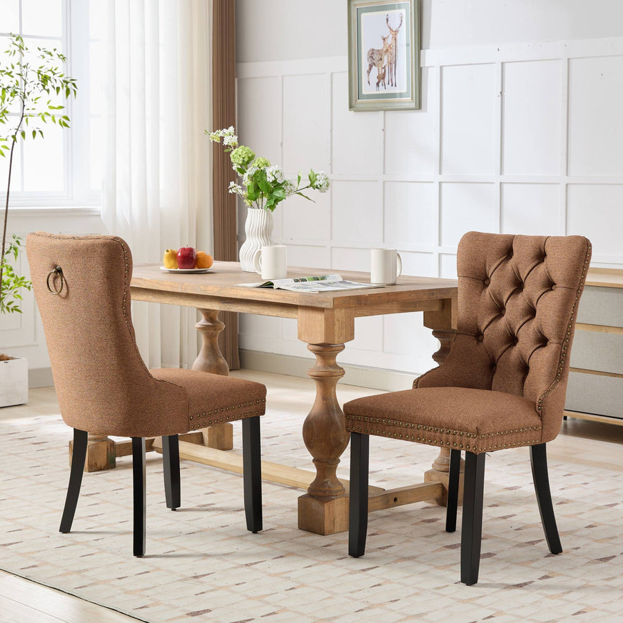 Coffee Fabric Tufted Nailhead Trim Dining Chairs with Wood Legs (Set of 2)