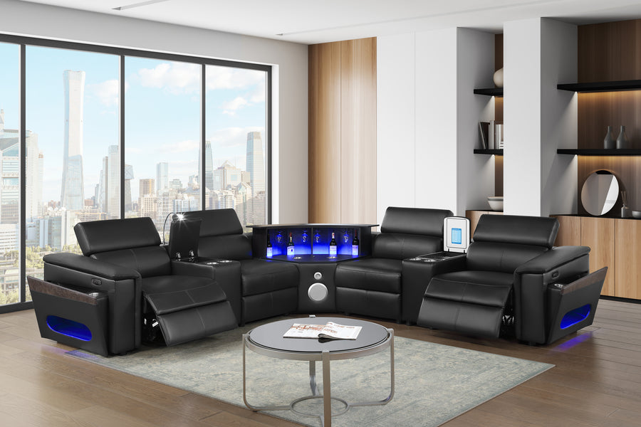 Nova Modern Style Sectional with 2 Consoles (Reading Light + Fridge), Wedge with Bluetooth speaker, LED and Lifting wine cabinet - Black - detail view 8