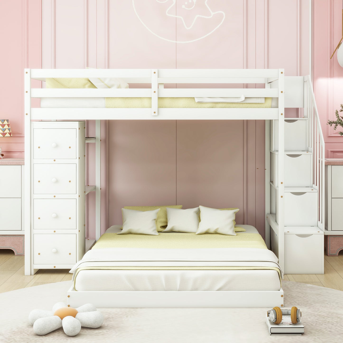 Twin over Full Bunk Bed with 3-Layer Shelves - White - detail view 2