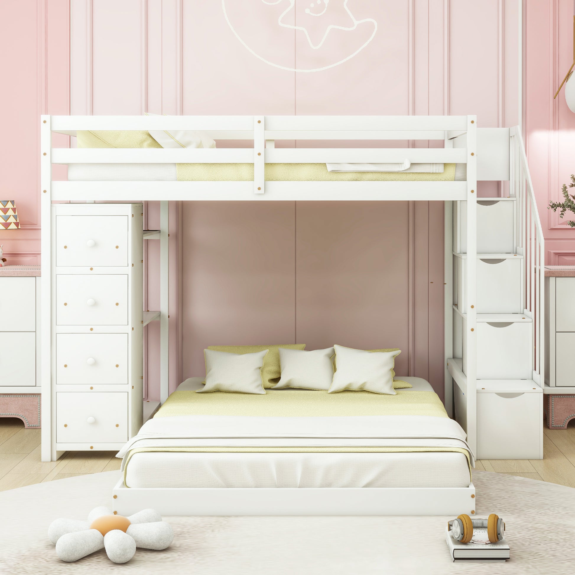 Twin over Full Bunk Bed with 3-Layer Shelves - White - detail view 2