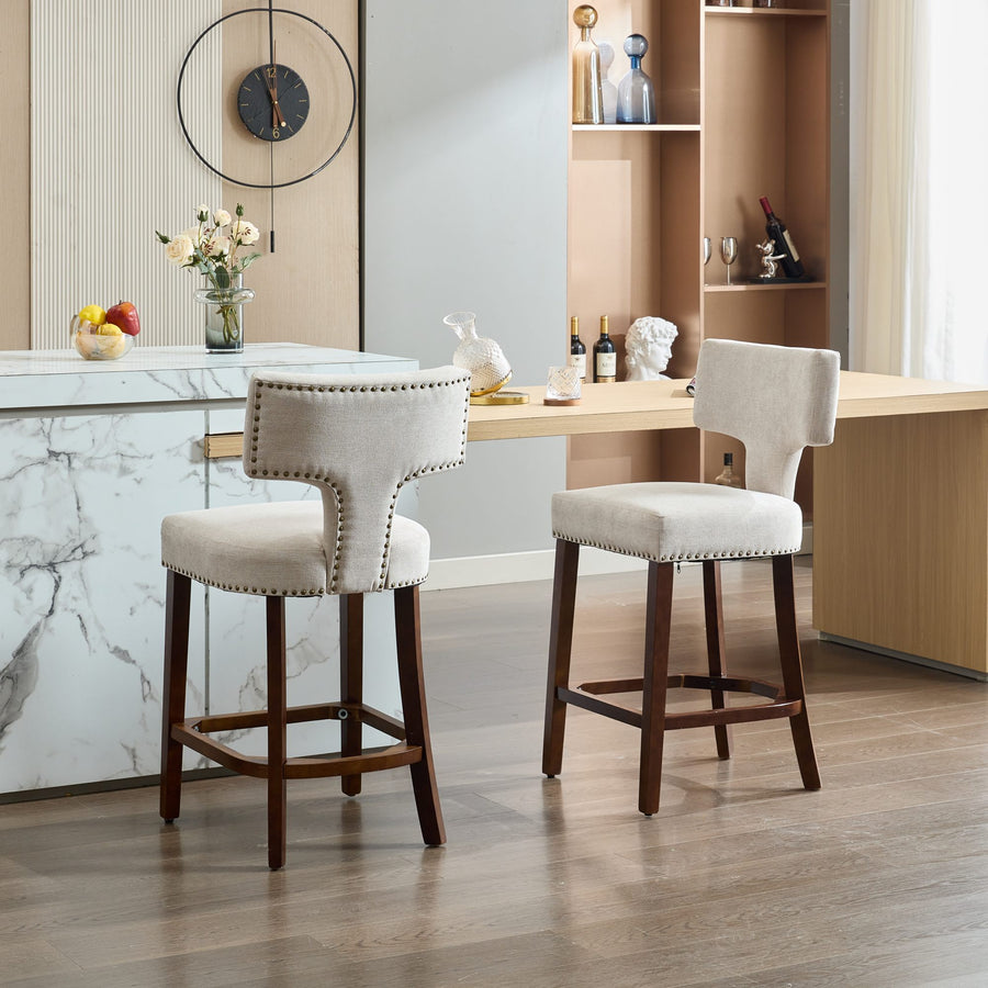 Beige Fabric Bar Stool with Wood Legs (Set of 2)