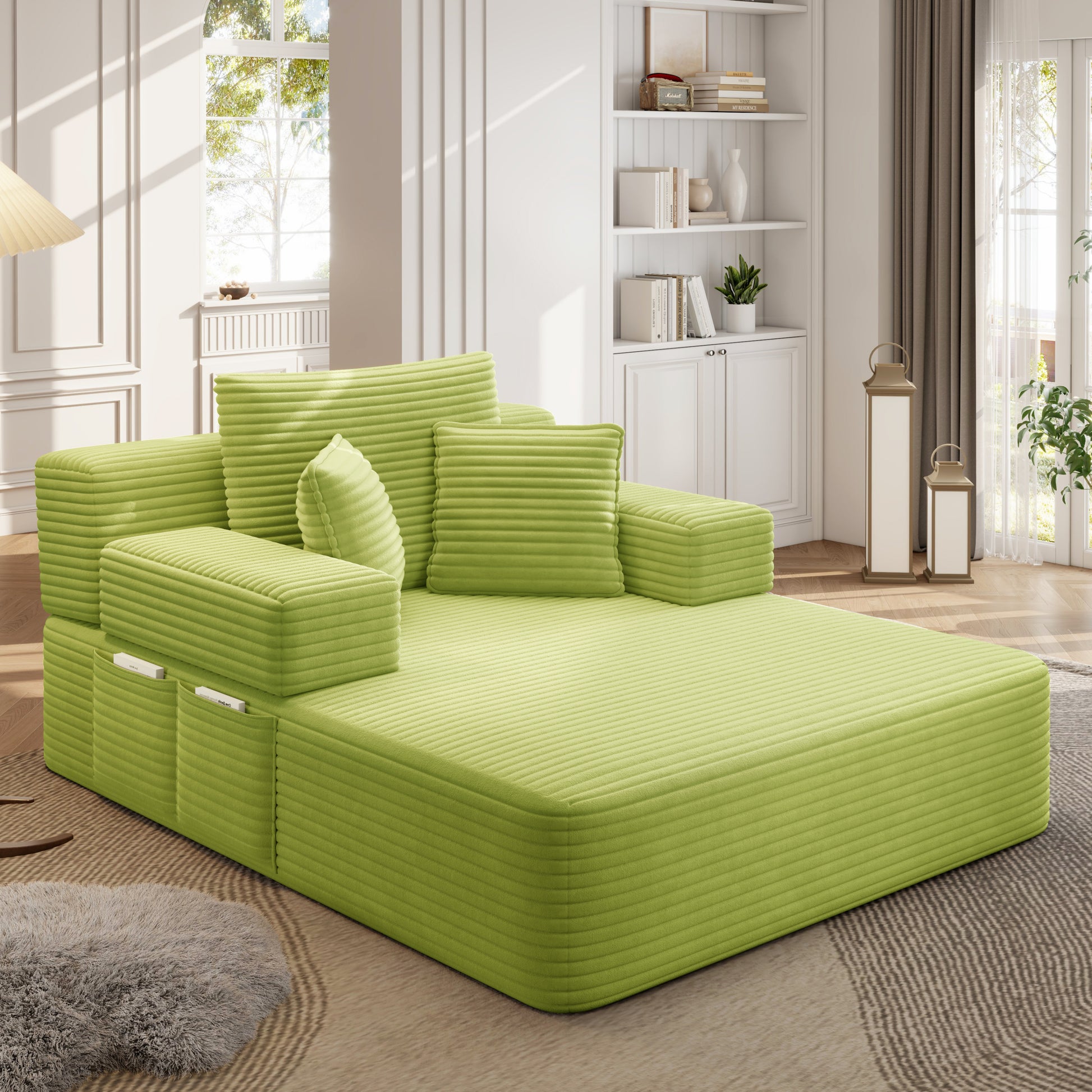 Luxurious Plush Corduroy Chaise Lounge with 3 Pillows - Green - detail view 4