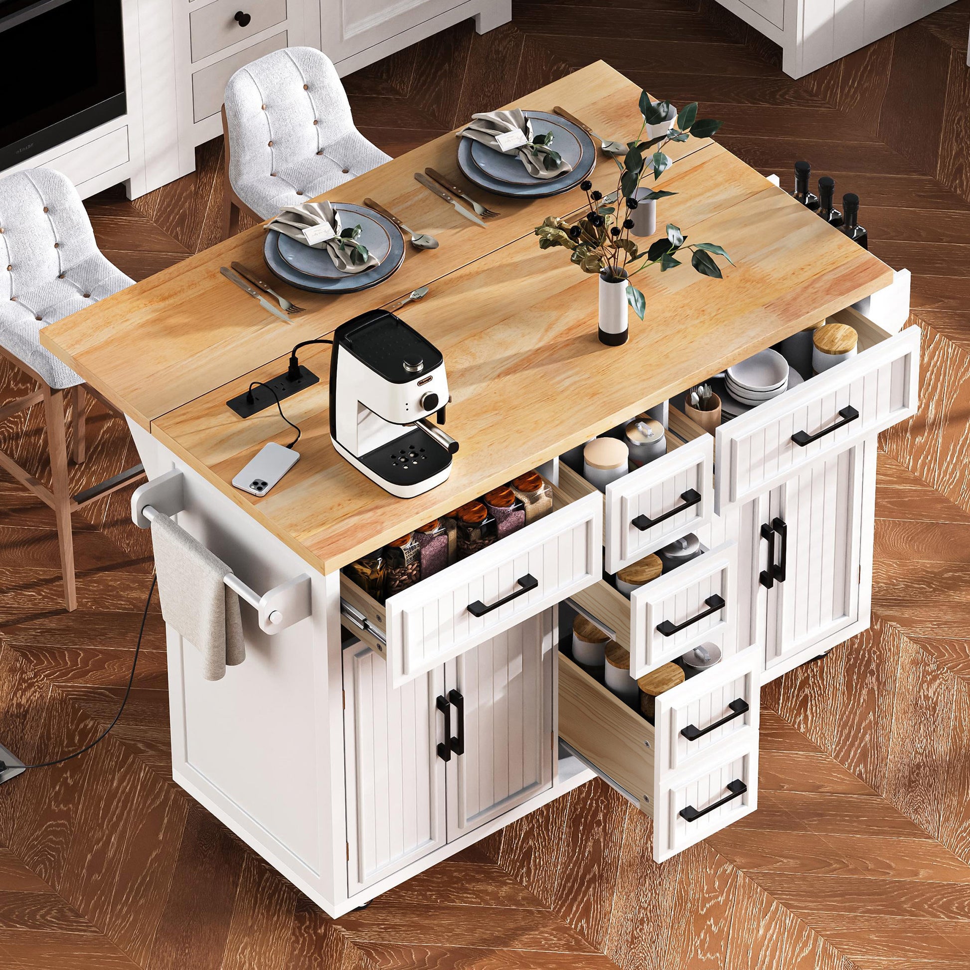 K&k 56.5'' Kitchen Island with Drop Leaf - White - detail view 2