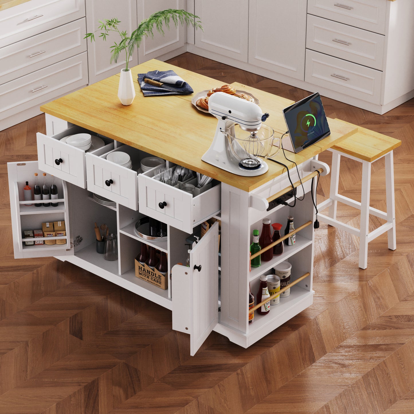 K&k 53" Large Kitchen Island with 2 Bar Stools - White - detail view 4