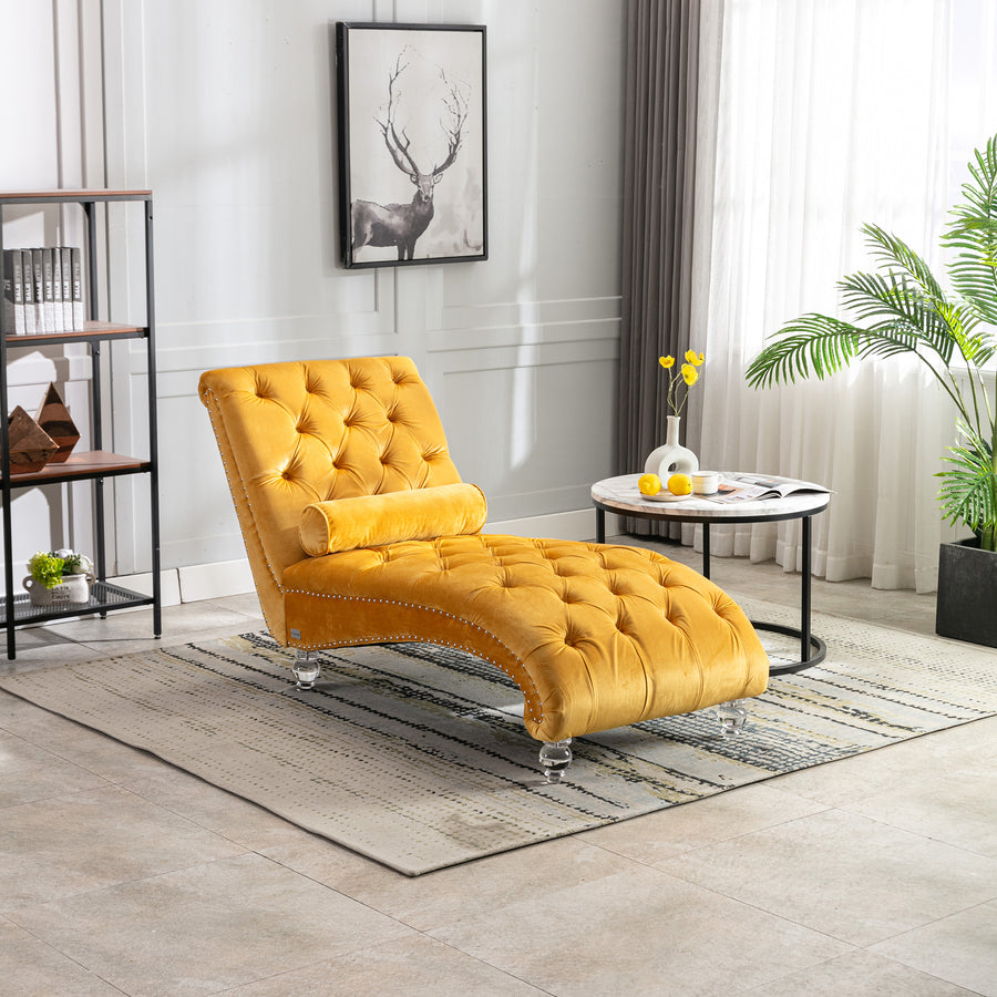 Mustard Velvet Tufted Chaise Lounge with Wood Legs - detail view 2
