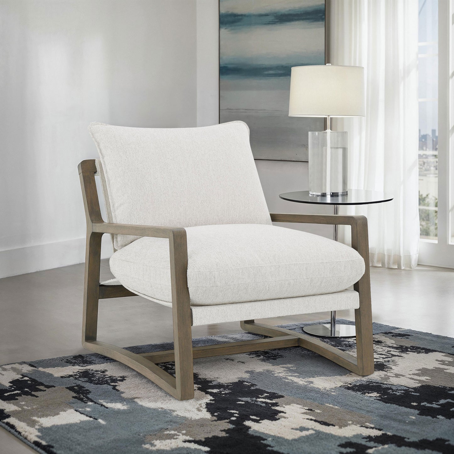 Geneva Boucle Upholstered Wooden Arm Chair, SAnd