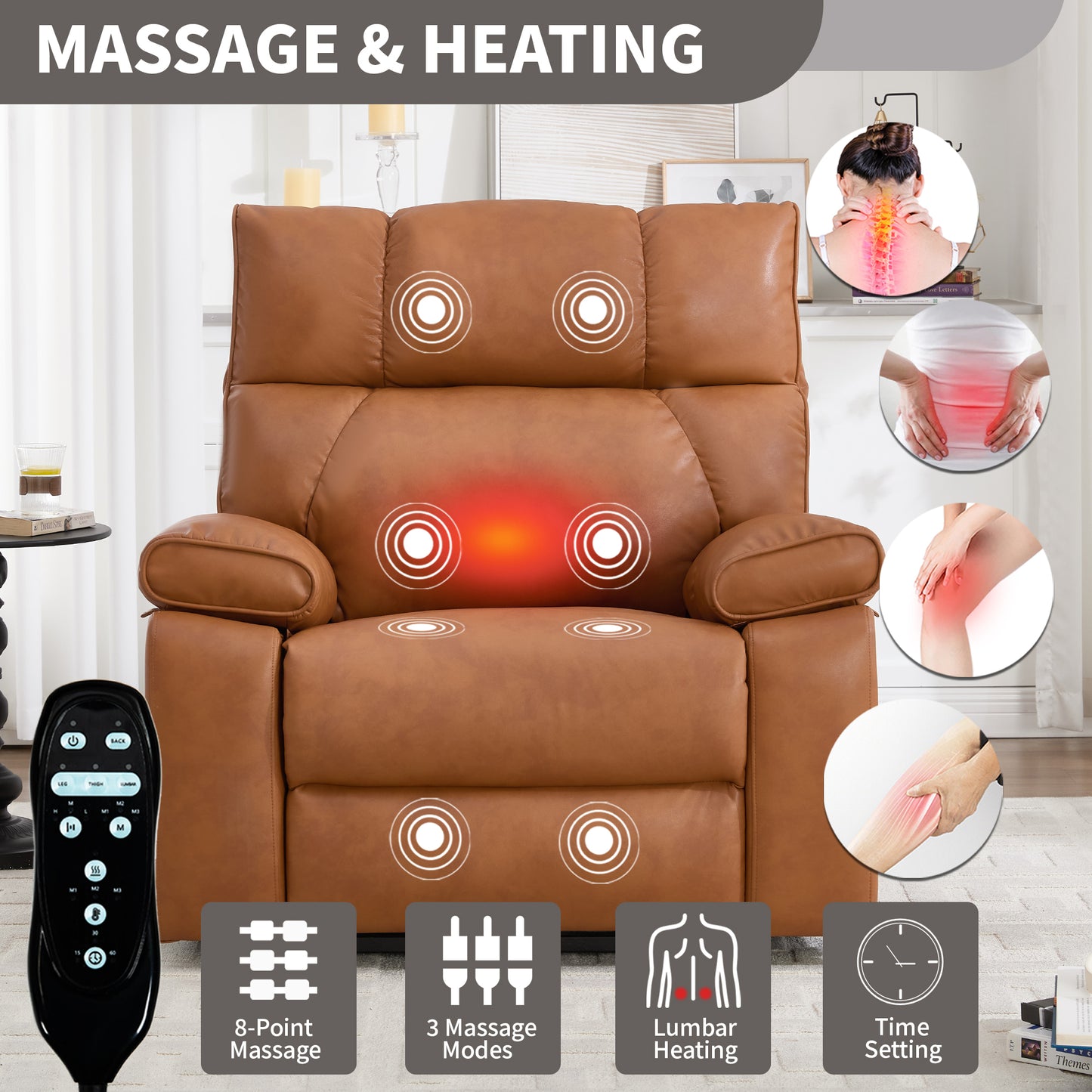 Orange Leatheraire Heat Massage Dual Motor Infinite Position Up to 350 LBS Large Electric Power Lift Recliners with Hidden Cup Holders - detail view 7