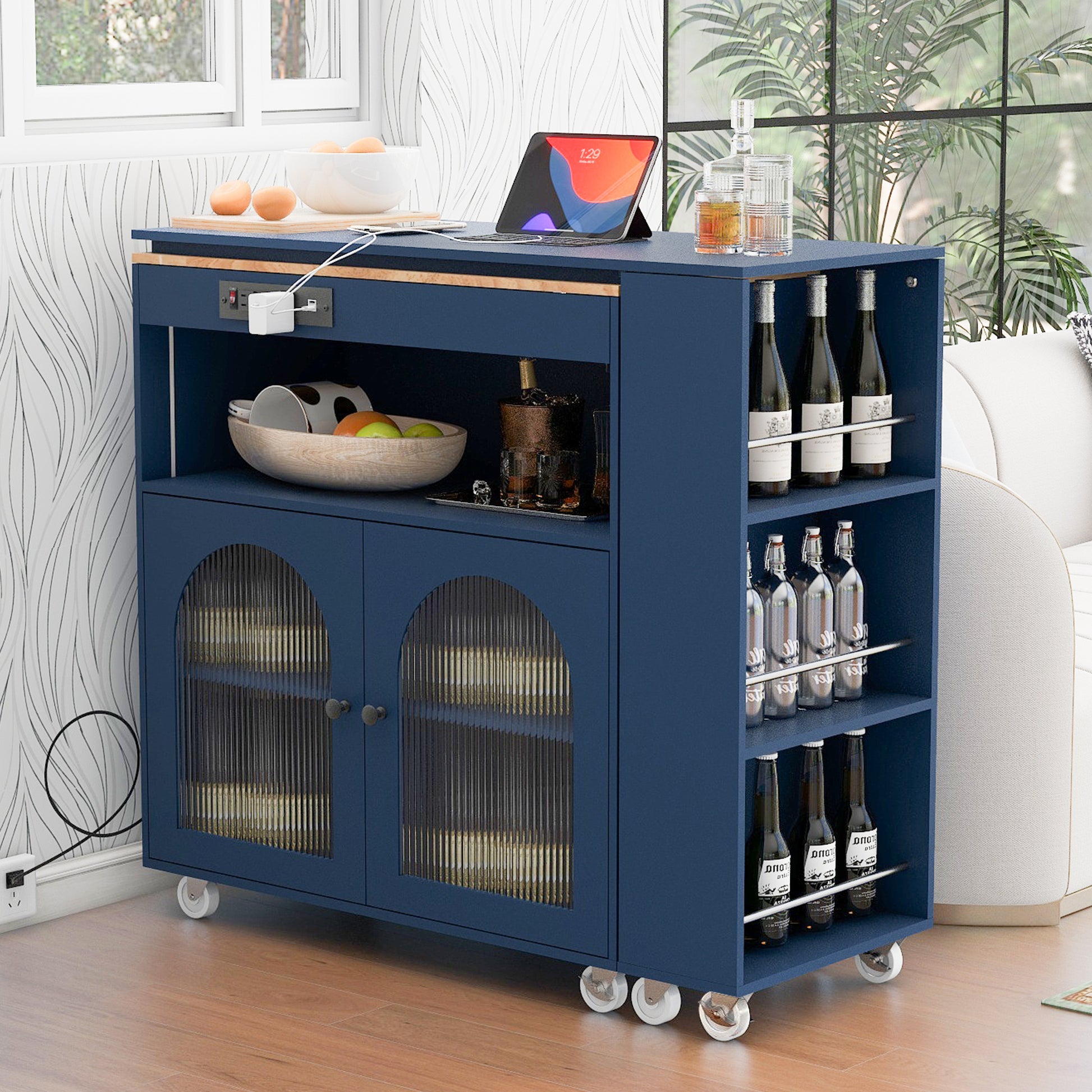 K&k Rolling Kitchen Island with Extended Table - Navy & Blue - detail view 4